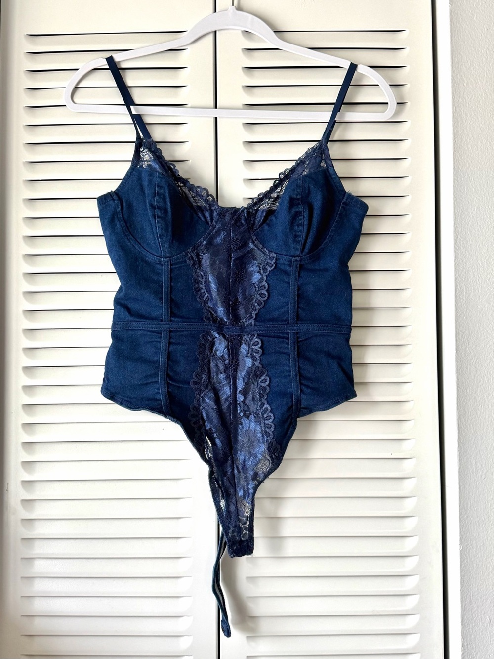 Haute Monde Navy Blue Lace-Trim Denim Bodysuit